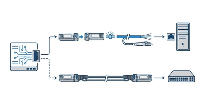 Workflow diagram showing how a 10G SFP+ switch connects to fiber and copper devices through modules and cables Workflow diagram showing how a 10G SFP+ switch connects to fiber and copper devices through modules and cables